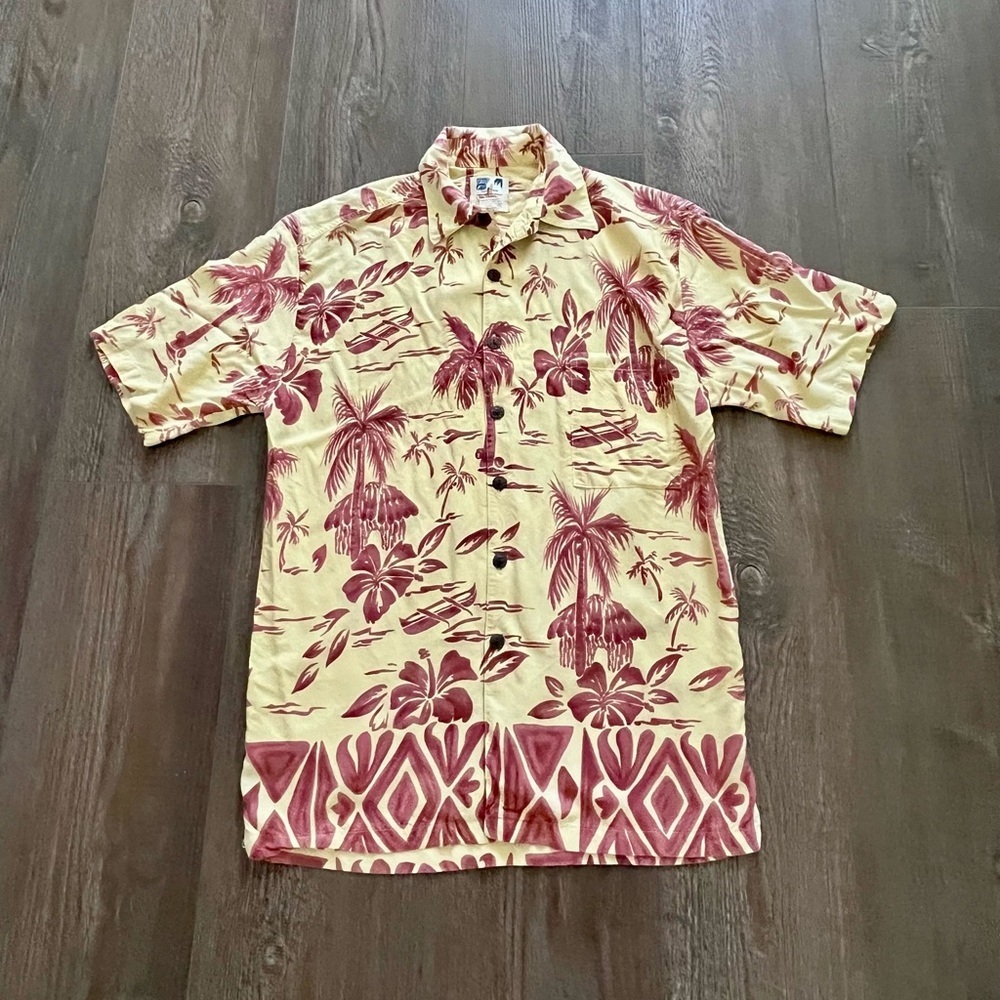 Men's Tropical Short-Sleeve Camp Shirt - Beige with Red Palm Print
